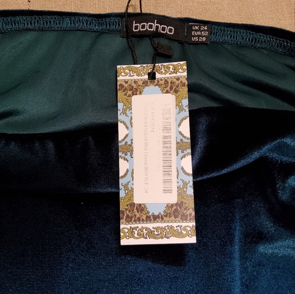 Boohoo Stretch Blue Green Velvet Off Shoulder Midi Dress Size 20 - Picture 6 of 9